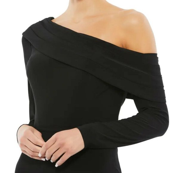 Mac Duggal Black One-Shoulder Long Sleeve Jersey Trumpet Gown - Picture 5 of 5